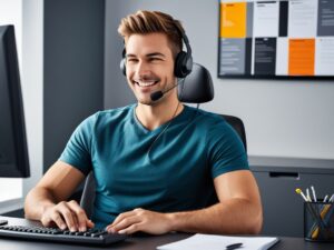 Customer support agent casually smiles carelessly while on the phone