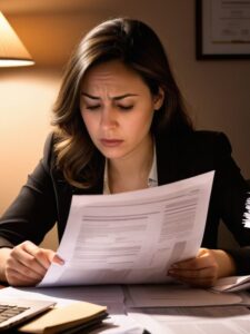 Exhausted woman reading documents