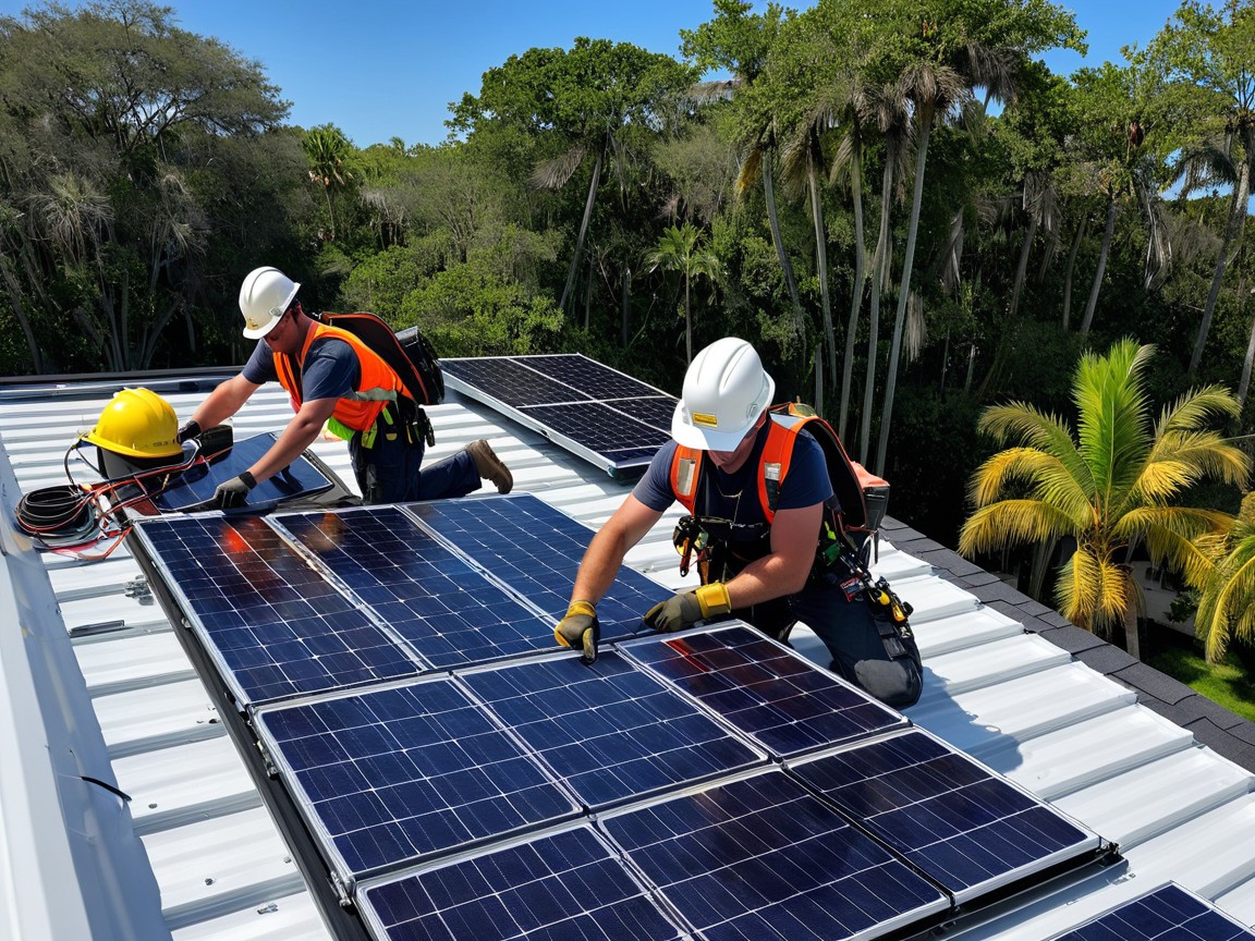 Technicians installing solar panels