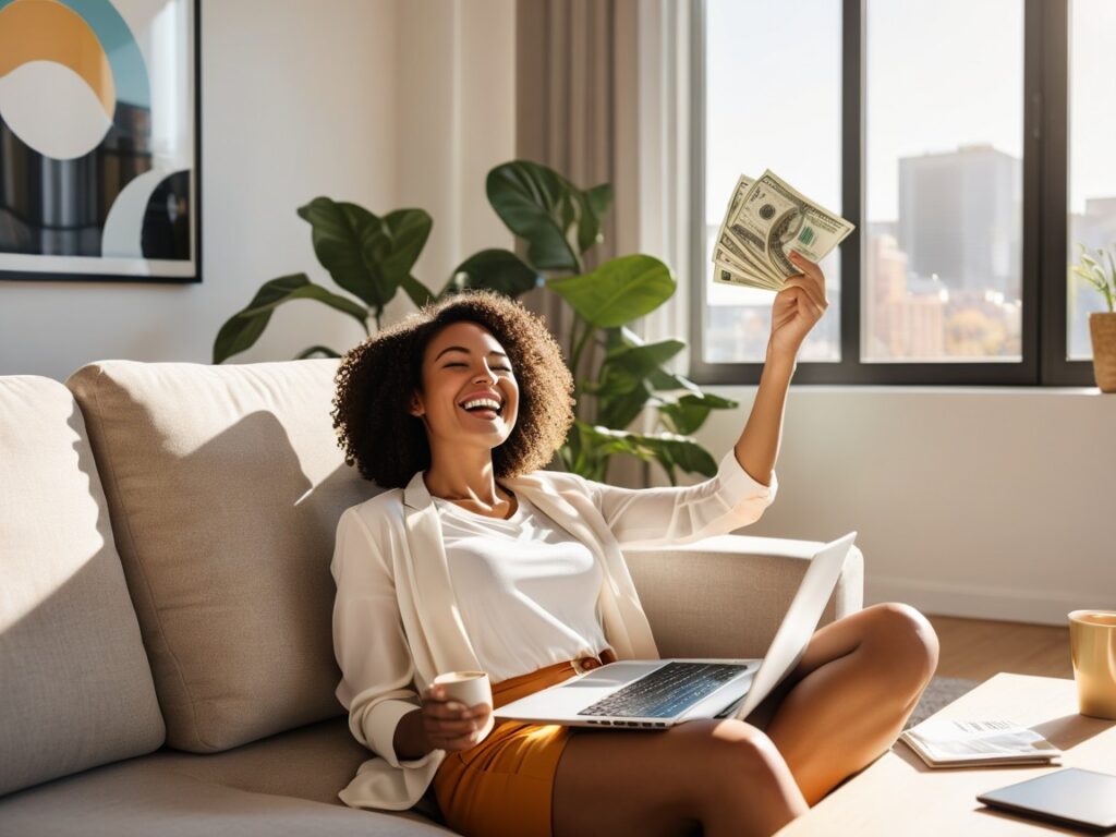 Woman on couch in front of laptop, covering her face with money
